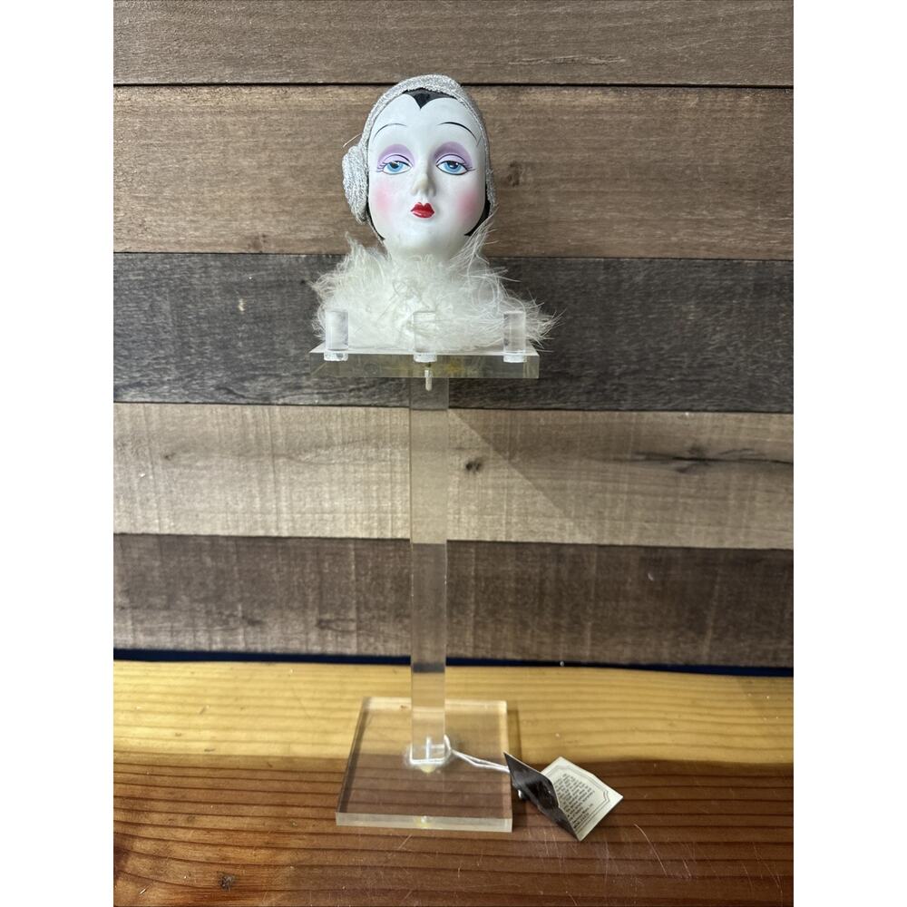 Seymour Mann Ceramic Doll Head Clear Acrylic Stand Jewelry Necklaces 15” Tall
